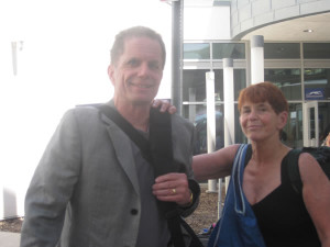 Susana and me getting ready to get on the bus in St. Louis, headed for Memphis, 2010.  Part of the river trip.  Photo by Madeleine Dames.